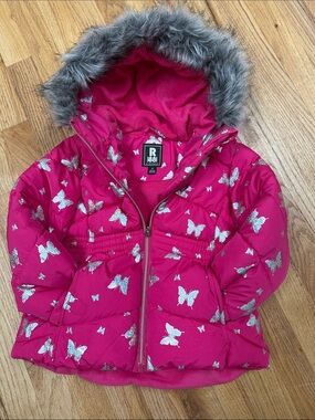 Rothschild Pink Butterfly Puffer Jacket with Faux Fur Hood